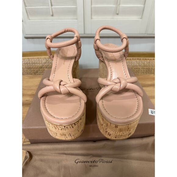 Gianvito Rossi Leather Wedge Sandals Nappa Peach Size 8 US 38 EU NIB Platforms - Picture 5 of 14
